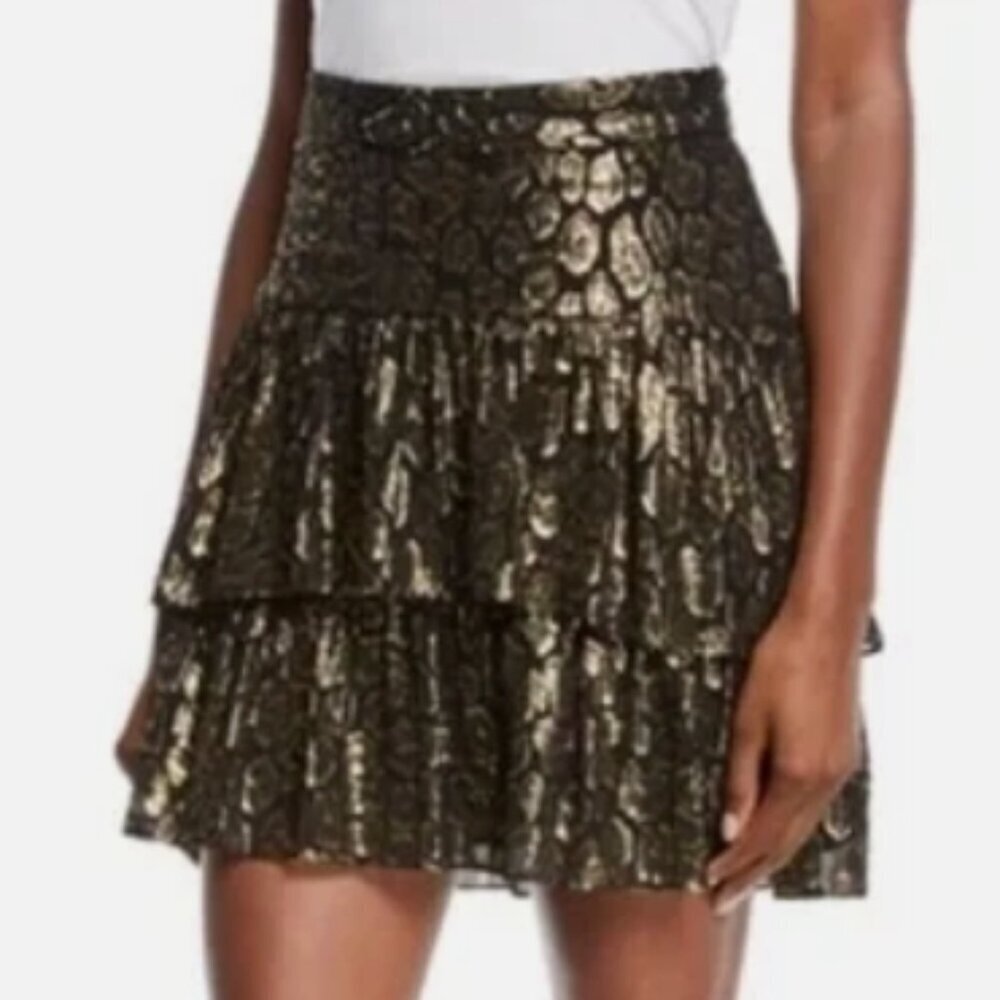 A.L.C. BAXTER TIERED GOLD RUFFLE SILK SKIRT Black 2 NWT